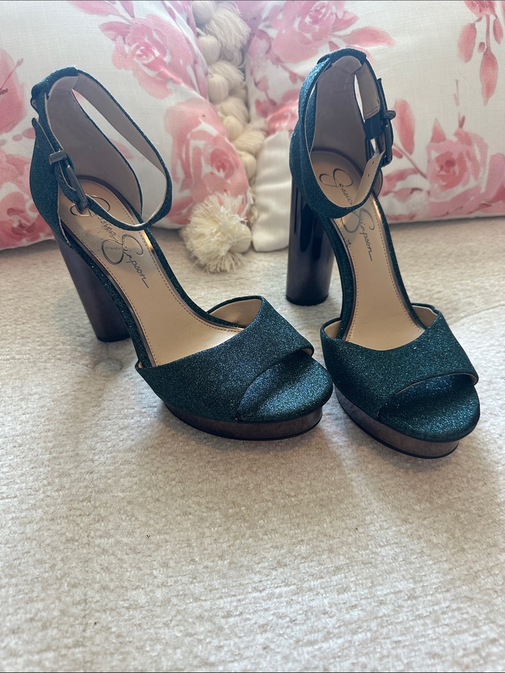 Jessica Simpson Dark Green Glitter Platform Heels